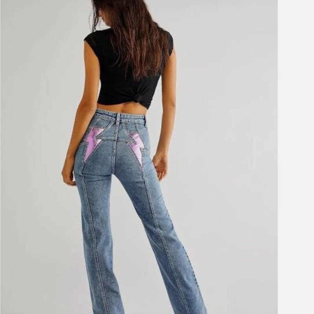 Free People We The Free Thunderbird Flare Jeans Lightening Bolt SIZE 35 X 26 HEM - Picture 1 of 11
